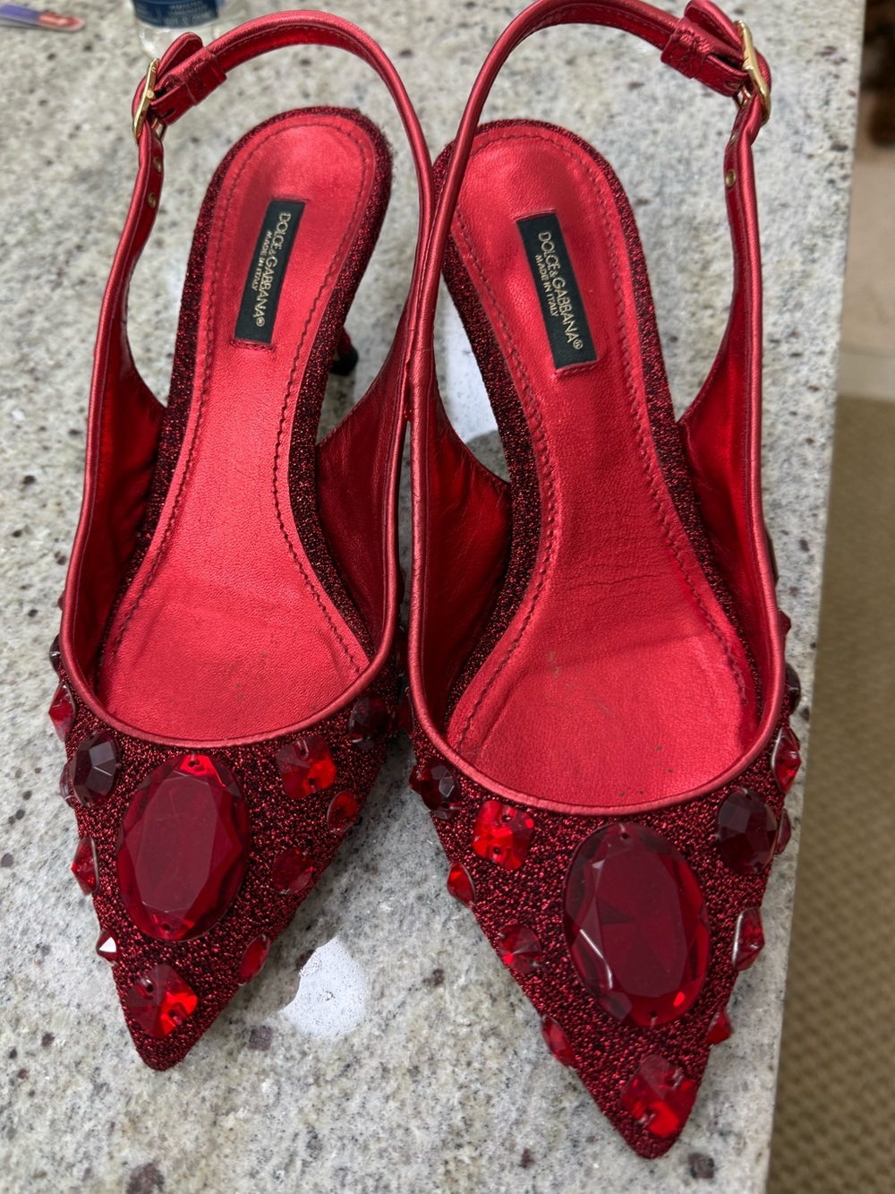 Dolce & Gabbana Red Jeweled Slingback Kitten Heels